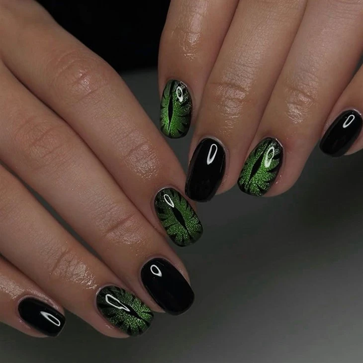 Dark Magic Emerald Cat Eye Halloween Press På Naglar